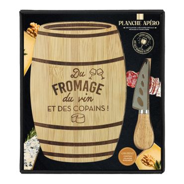 Planche apéro en bambou "Du fromage, du vin et des copains" avec couteau à fromage | jourdefete.com