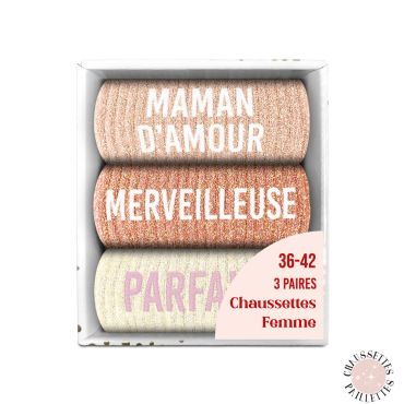 Coffret trio chaussettes femme pailletées Maman d’Amour, Merveilleuse, Parfaite | jourdefete.com