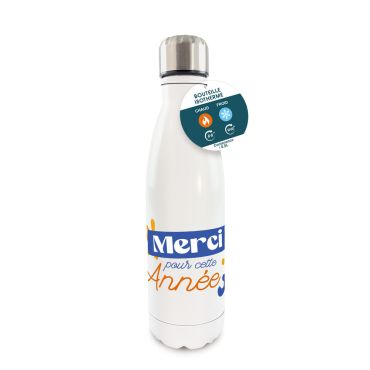 Gourde isotherme blanche Merci pour cette année avec bouchon métal | jourdefete.com Gourde isotherme blanche Merci pour cette année avec bouchon métal | jourdefete.com