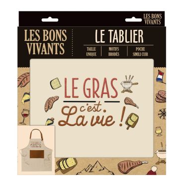 Tablier drôle avec citation "Le gras c’est la vie" et motifs charcuterie | jourdefete.com Tablier drôle avec citation "Le gras c’est la vie" et motifs charcuterie | jourdefete.com