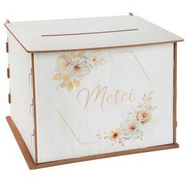 Tirelire de mariage en bois avec motifs floraux pastel et inscription "Merci" | jourdefete.com Tirelire de mariage en bois avec motifs floraux pastel et inscription "Merci" | jourdefete.com