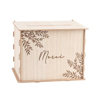 Urne en bois naturel gravée avec motif végétal et inscription "Merci" | jourdefete.com Urne en bois naturel gravée avec motif végétal et inscription "Merci" | jourdefete.com