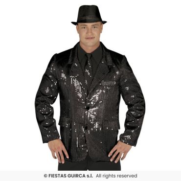 Homme portant une veste noire à sequins brillants avec chemise, cravate et chapeau assortis. Homme portant une veste noire à sequins brillants avec chemise, cravate et chapeau assortis.
