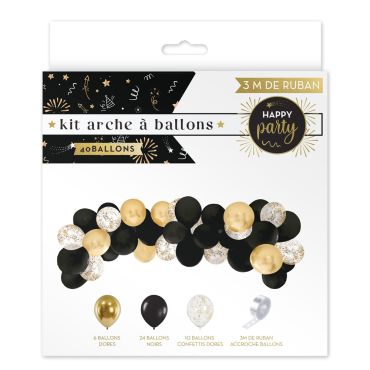 Kit arche à ballons noirs, dorés et à confettis avec ruban | jourdefete.com Kit arche à ballons noirs, dorés et à confettis avec ruban | jourdefete.com