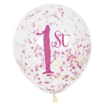 6 Ballons "1st" Roses à confettis
