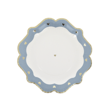 Assiettes en carton bleu orage, blanc et or pour baptême | jourdefete.com