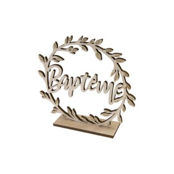 Décoration à poser en bois pour baptême - Couronne avec mot "Baptême"