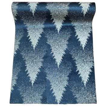 Chemin de table velours bleu marine motif sapins blancs 28 cm x 3 m | jourdefete.com