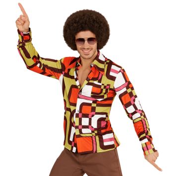 Homme portant une chemise disco rétro à motifs géométriques oranges et marron | jourdefete.com