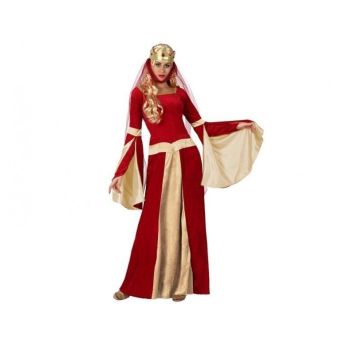 Déguisement de dame médiévale rouge et or pour femme avec robe longue à manches évasées, ceinture dorée et couronne, vue de face. | Jourdefete.com