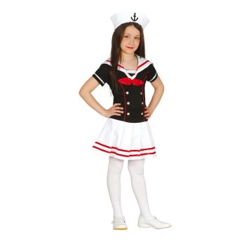 Fille déguisée en marin avec robe noire et blanche et chapeau à ancre | jourdefete.com