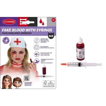 Faux sang avec seringue — maquillage FX réaliste pour Halloween, application précise | jourdefete.com
