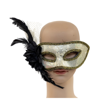 Loup pailletté doré avec sequins, plumes et élégante fleur noire | jourdefete.com