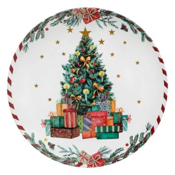 Assiette de présentation Noël décor sapin entouré de cadeaux et motifs festifs | jourdefete.com