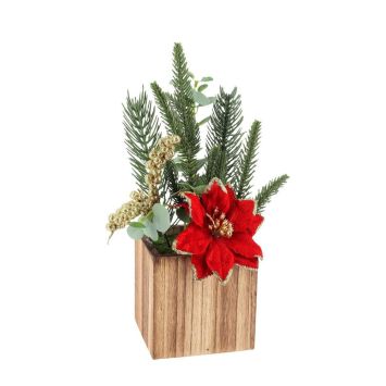 Composition de Noël en pot bois avec sapin artificiel et fleur rouge | jourdefete.com