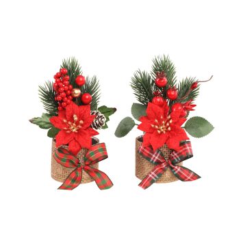 Bouquet de Noël avec branchages et poinsettias rouges - 5,5 x 13,5 cm - Modèle Aléatoire