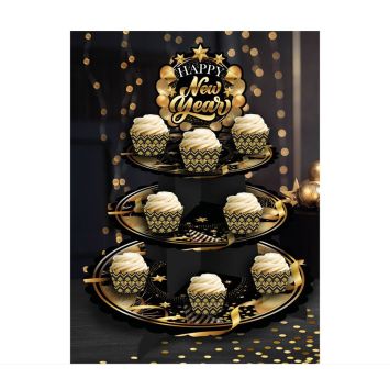 Présentoir à gâteaux de 3 étages "Happy New Year" en carton - 40 x 30 cm - Réveillon du Nouvel An