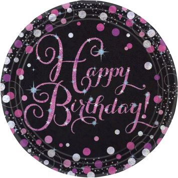 8 Assiettes "Happy Birthday" - Rose / Noir