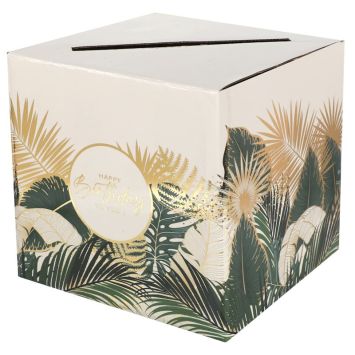 Une jolie tirelire avec écrit "Happy Birthday to you !" avec des motifs de feuilles de jungle | jourdefete.com