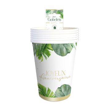 6 gobelets en carton "Joyeux Anniversaire" - 25 cl - Collection Tropical Party